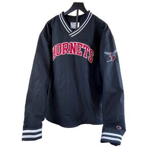 Champion Hornets V-Neck Pullover Windbreaker Logo Long Sleeve Mens Large Black